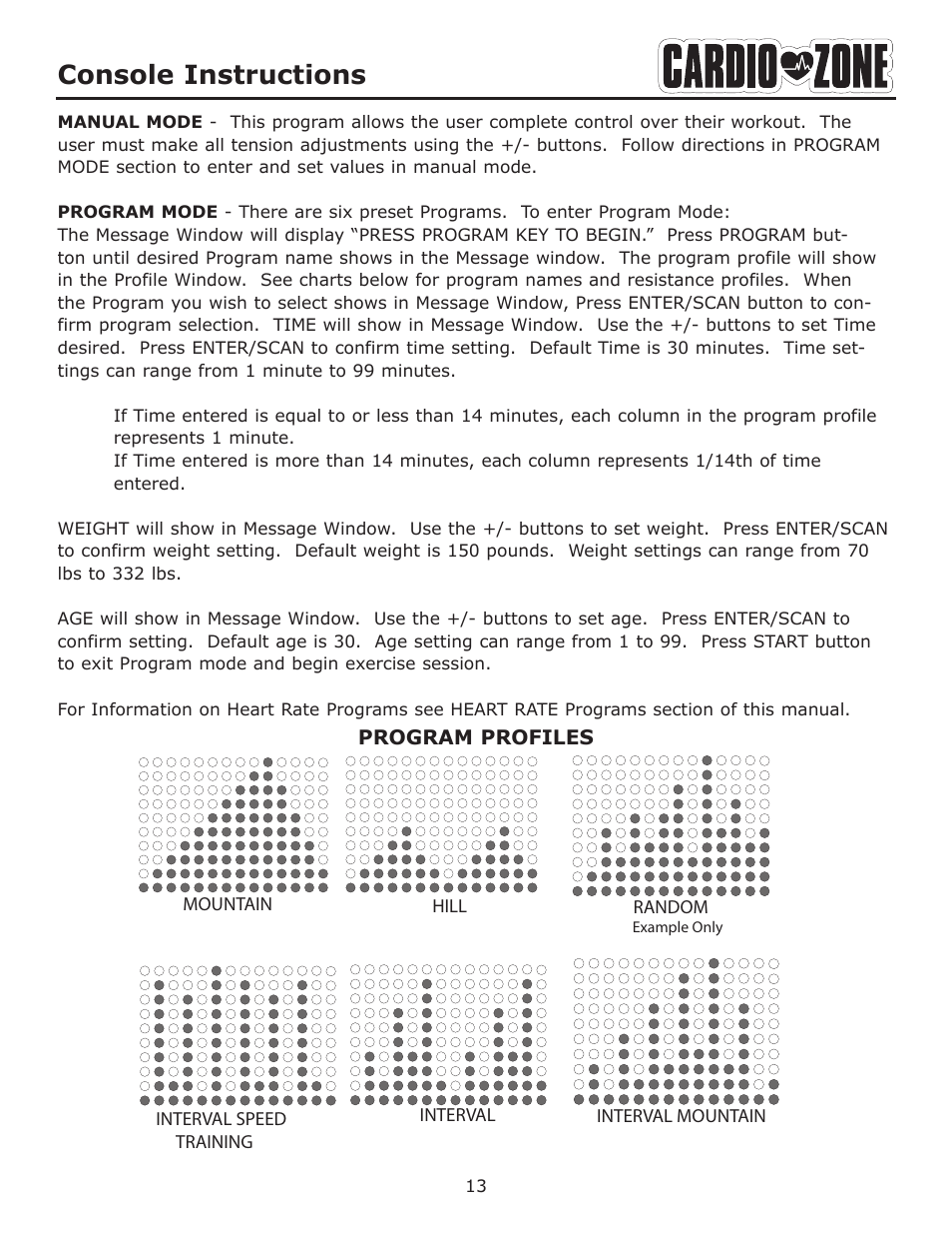 Console instructions | Keys Fitness CARDIO ZONE E-CZ400 User Manual | Page 13 / 28