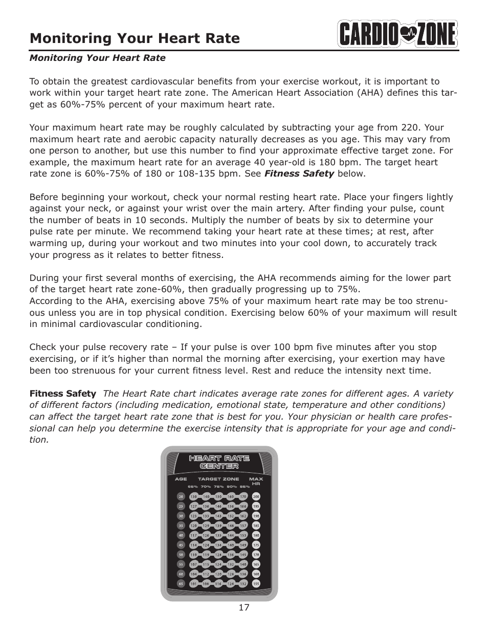 Monitoring your heart rate | Keys Fitness CARDIO ZONE E-CZ400 User Manual | Page 17 / 28