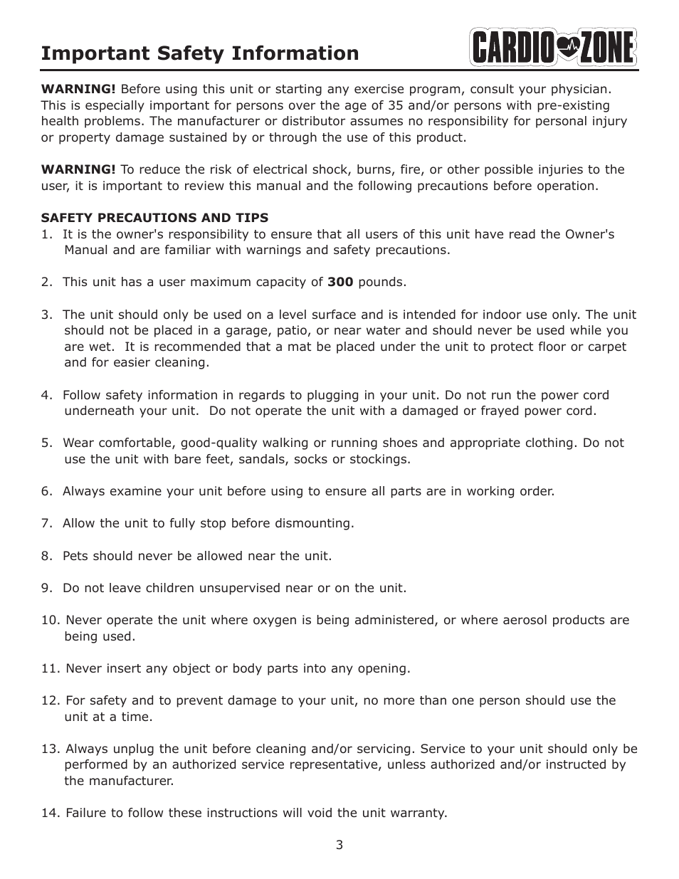 Important safety information | Keys Fitness CARDIO ZONE E-CZ400 User Manual | Page 3 / 28