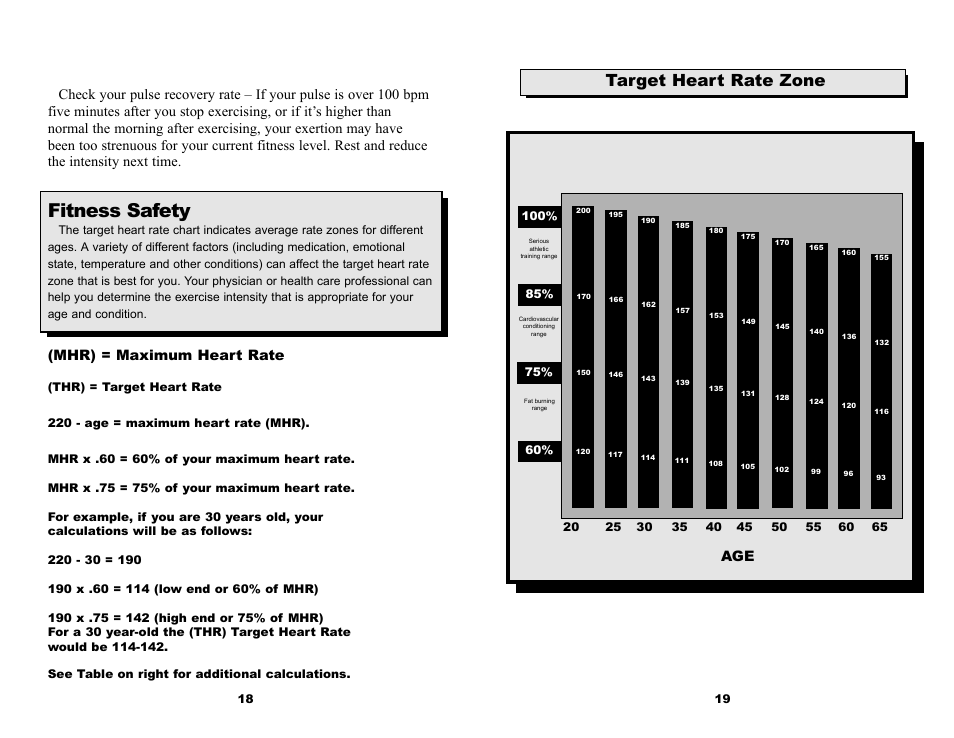 Fitness safety, Target heart rate zone, Mhr) = maximum heart rate | Keys Fitness 530U User Manual | Page 11 / 11