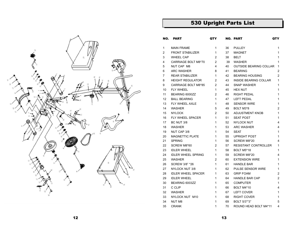 530 upright parts list | Keys Fitness 530U User Manual | Page 8 / 11