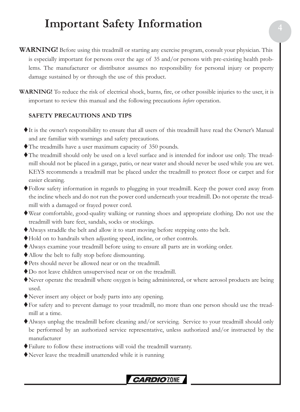 Important safety information | Keys Fitness CZE Plus User Manual | Page 4 / 22