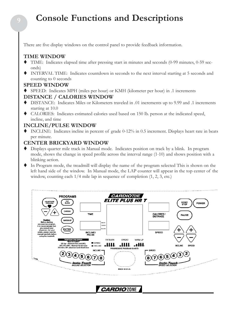 Console functions and descriptions | Keys Fitness CZE Plus User Manual | Page 9 / 22