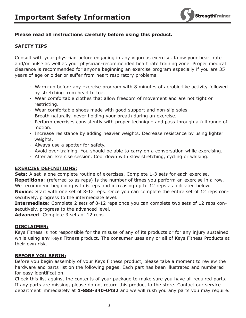 Important safety information | Keys Fitness Strength Trainer ST-MAB User Manual | Page 3 / 9