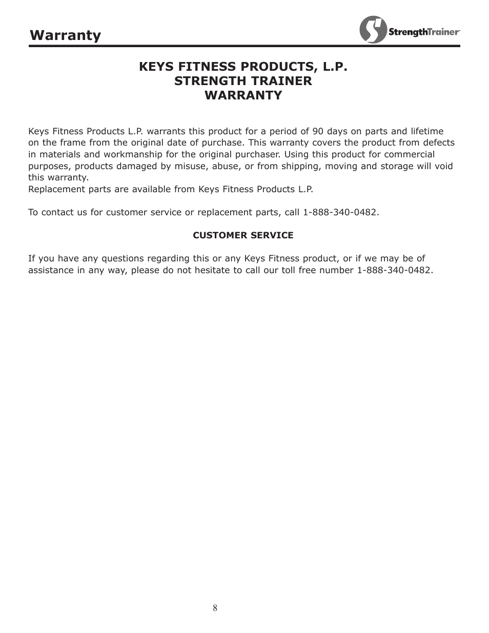 Warranty | Keys Fitness Strength Trainer ST-MAB User Manual | Page 8 / 9