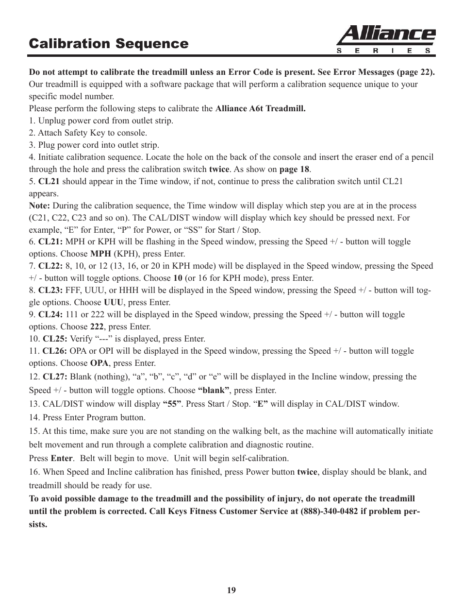 Calibration sequence | Keys Fitness A6t User Manual | Page 19 / 27