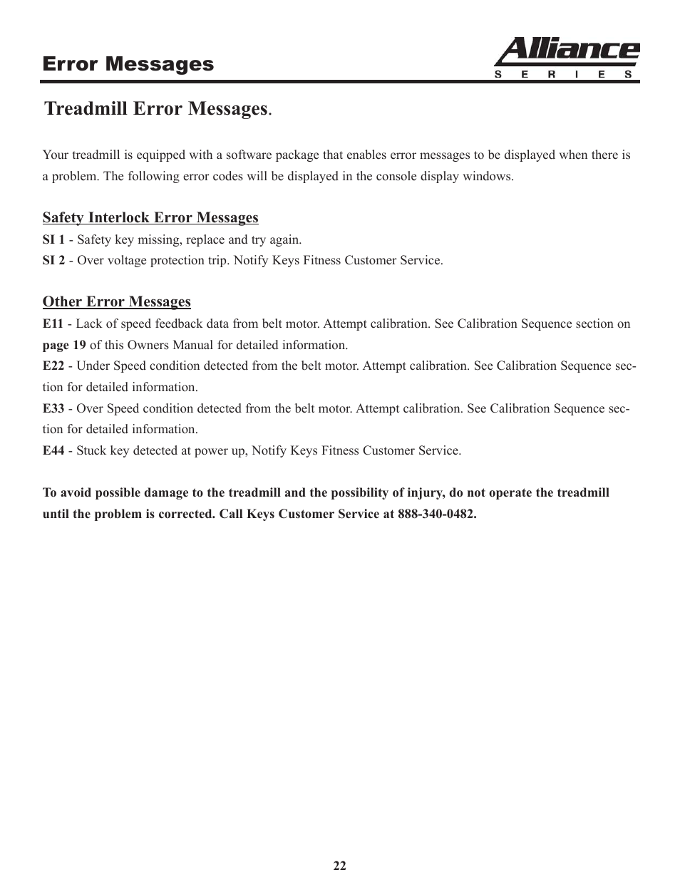 Error messages, Treadmill error messages | Keys Fitness A6t User Manual | Page 22 / 27