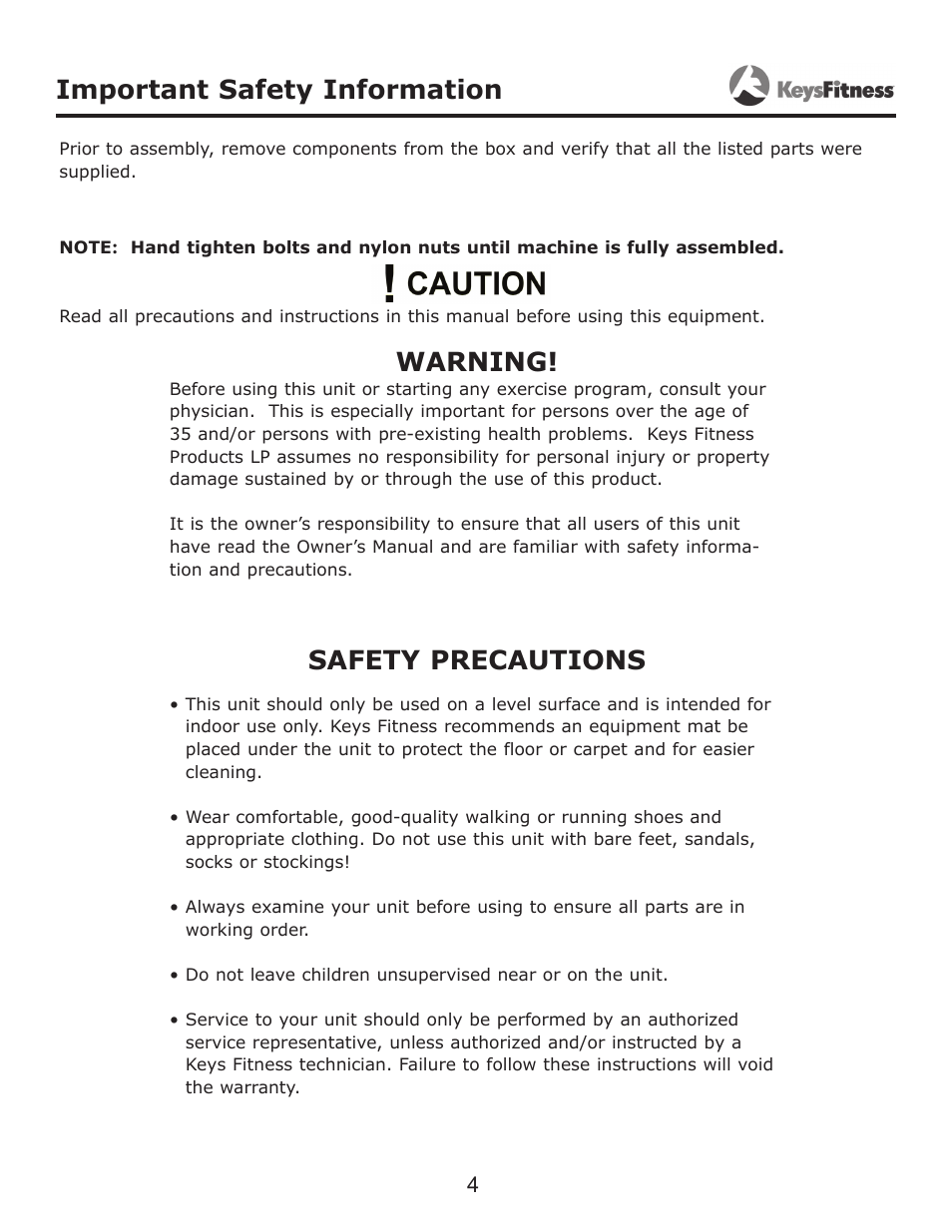 Important safety information, Warning, Safety precautions | Keys Fitness KF-RC User Manual | Page 4 / 12