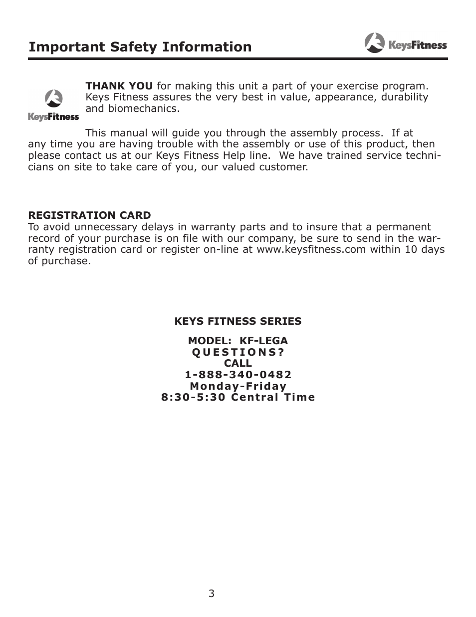 Important safety information | Keys Fitness Leg Attachment KF-LEGA User Manual | Page 3 / 9