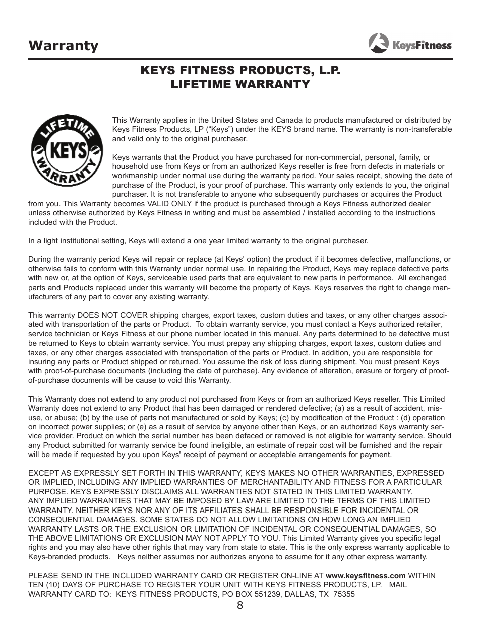 Warranty, Keys fitness products, l.p. lifetime warranty | Keys Fitness Leg Attachment KF-LEGA User Manual | Page 8 / 9