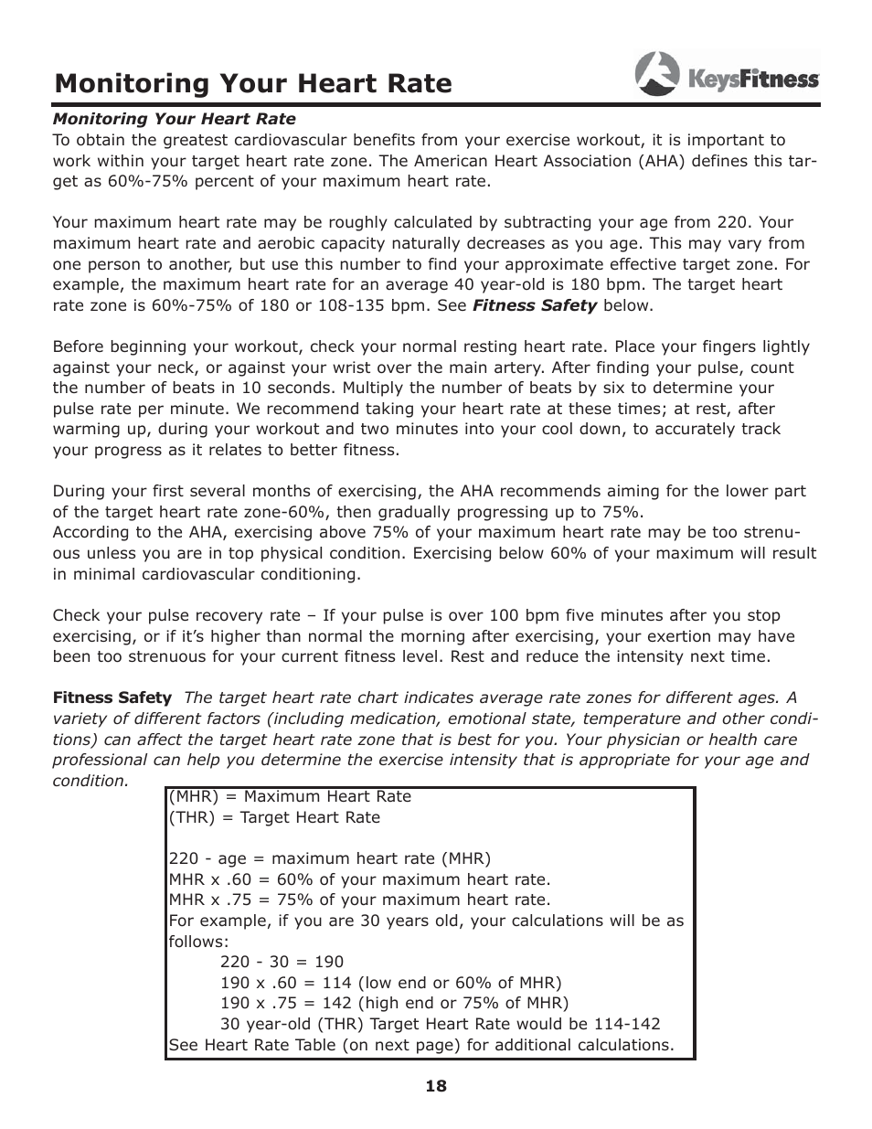 Monitoring your heart rate | Keys Fitness 5600T User Manual | Page 18 / 31