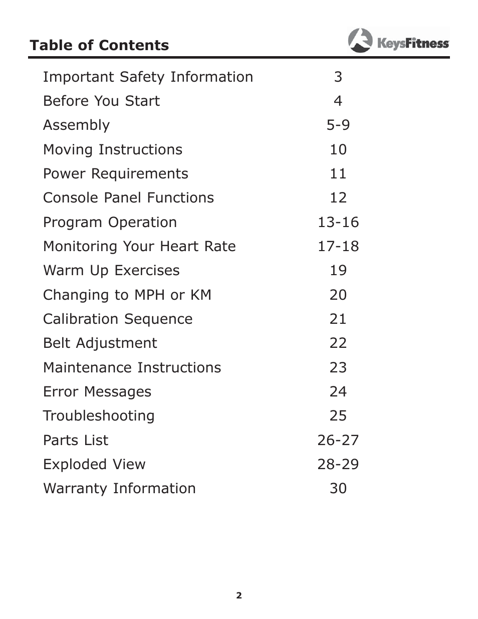 Keys Fitness 5600T User Manual | Page 2 / 31