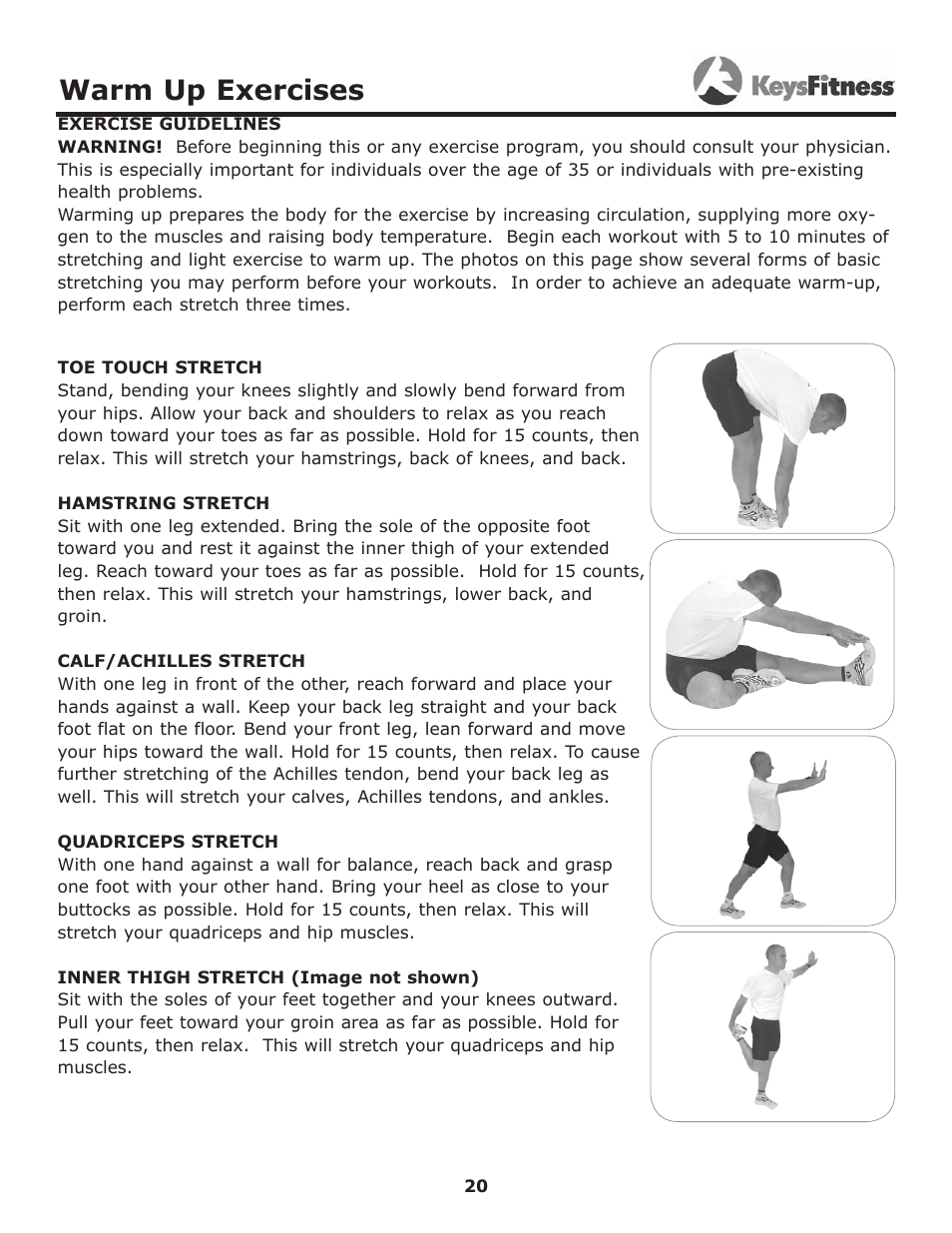 Warm up exercises | Keys Fitness 5600T User Manual | Page 20 / 31
