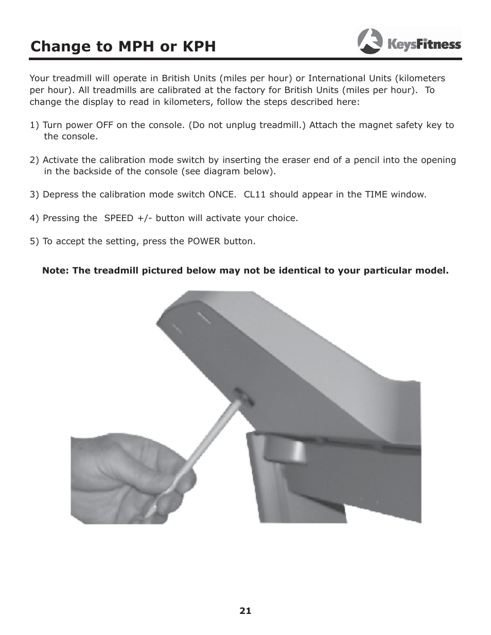 Change to mph or kph | Keys Fitness 5600T User Manual | Page 21 / 31
