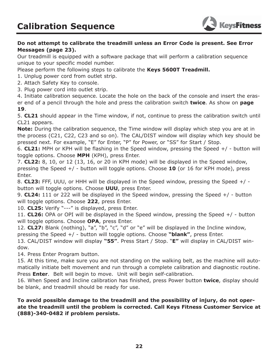 Calibration sequence | Keys Fitness 5600T User Manual | Page 22 / 31