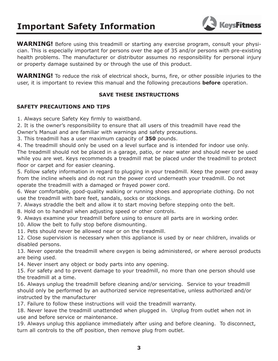 Important safety information | Keys Fitness 5600T User Manual | Page 3 / 31