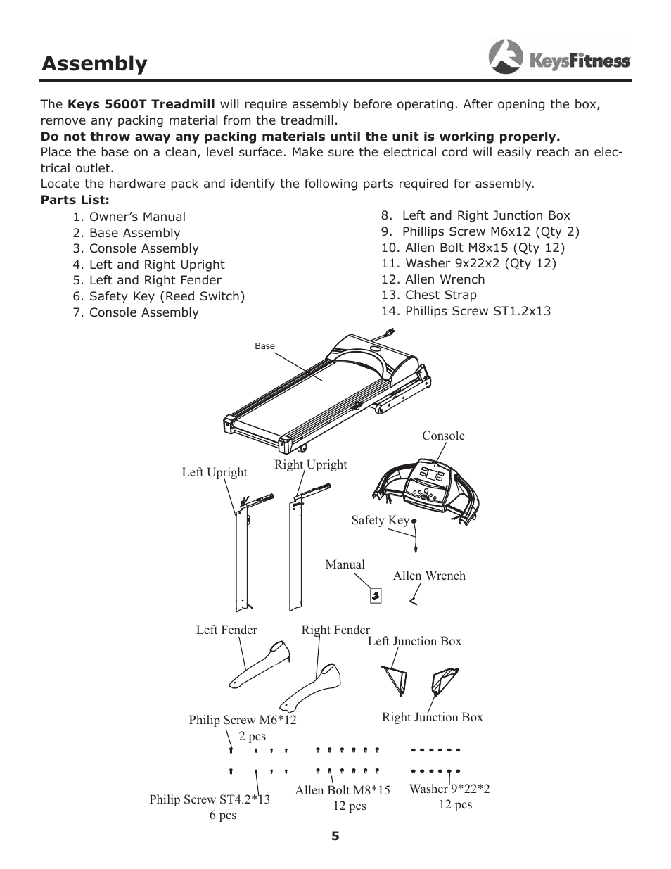Assembly | Keys Fitness 5600T User Manual | Page 5 / 31