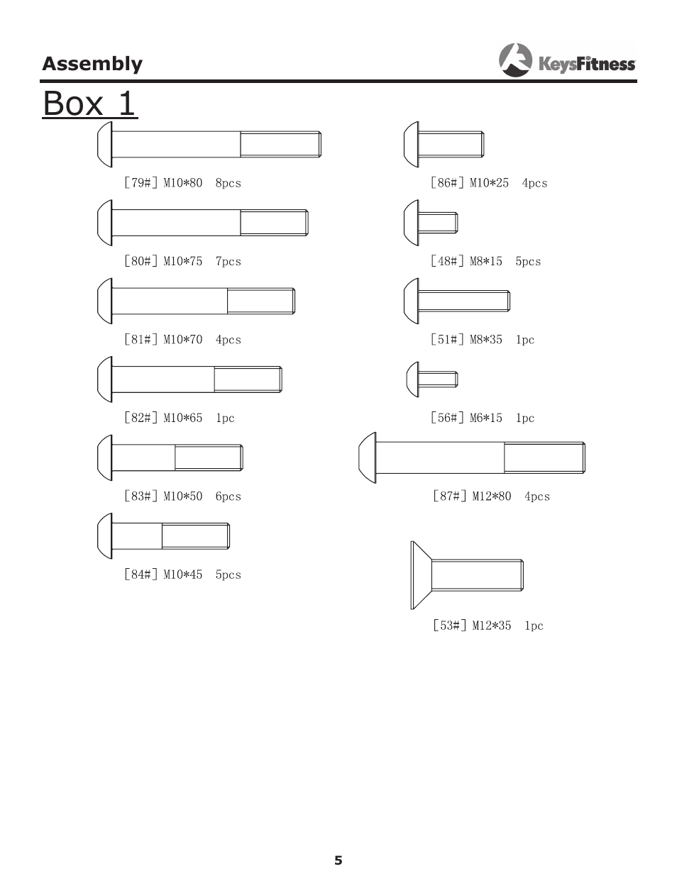 Assembly, Box 1 | Keys Fitness KF-1560 User Manual | Page 5 / 29