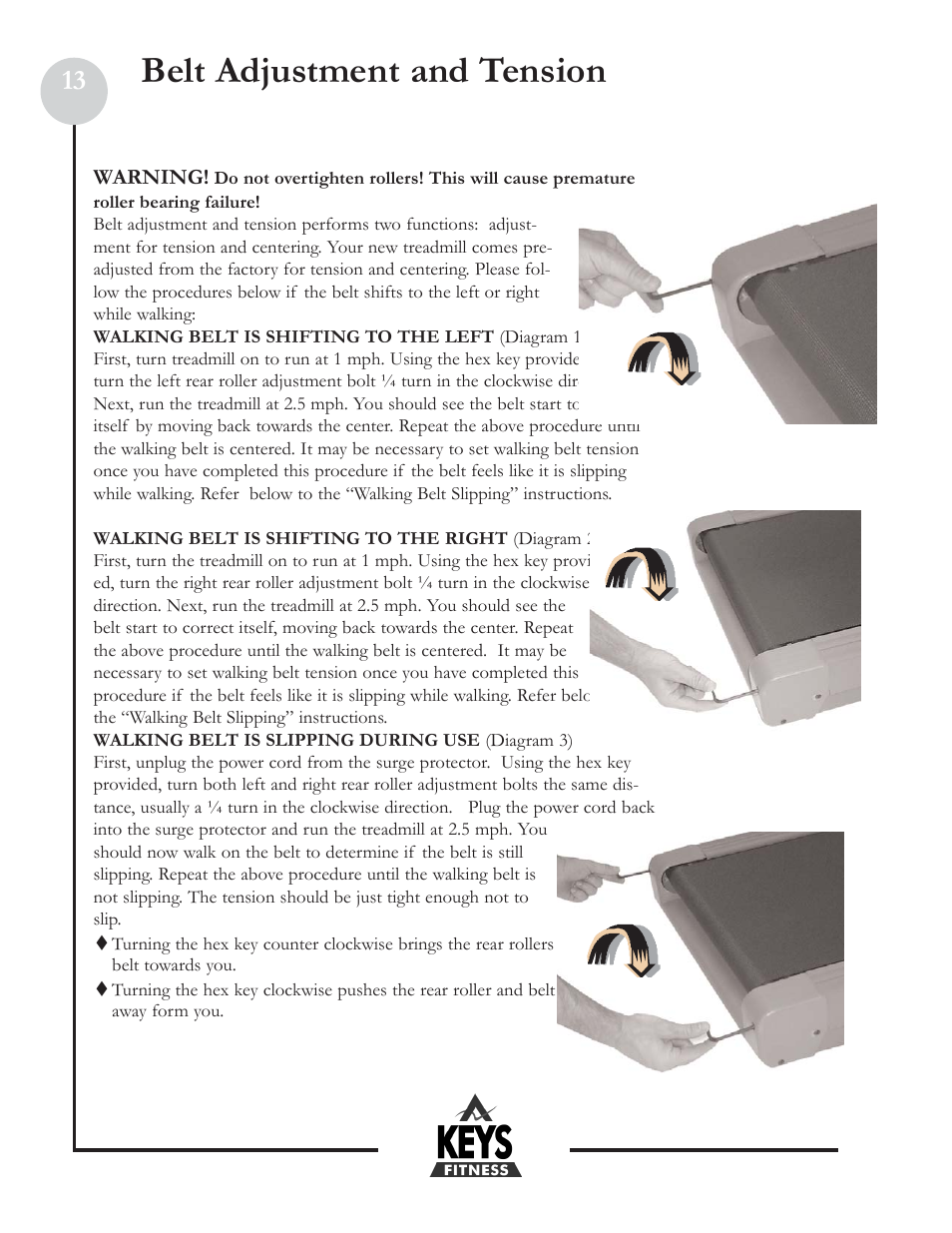 Belt adjustment and tension | Keys Fitness Discovery 100 DCV100 User Manual | Page 13 / 18