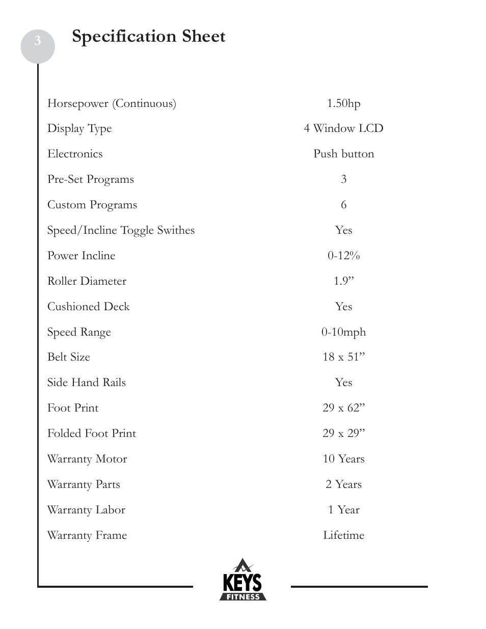 Specification sheet | Keys Fitness Discovery 100 DCV100 User Manual | Page 3 / 18