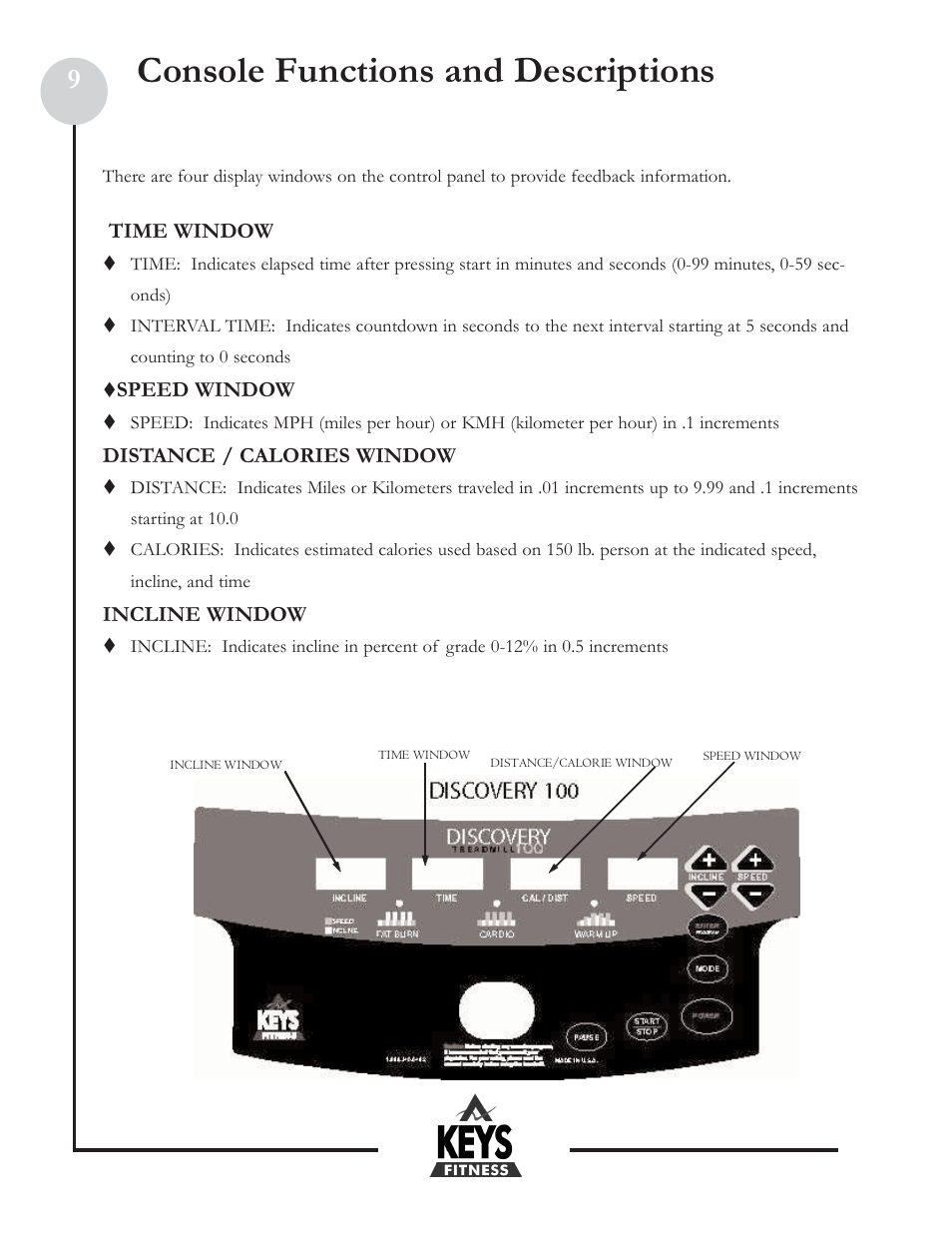 Console functions and descriptions | Keys Fitness Discovery 100 DCV100 User Manual | Page 9 / 18