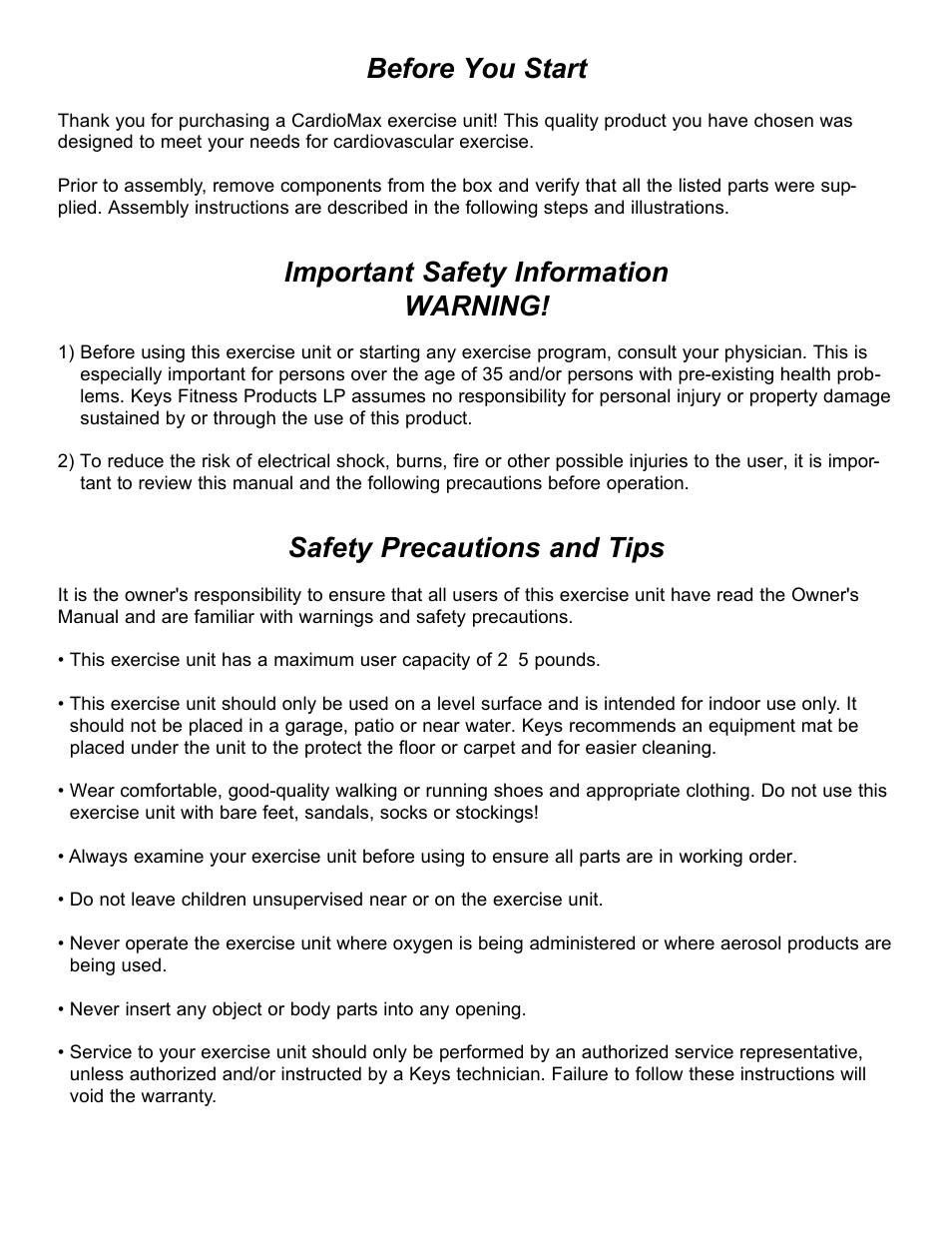 Before you start, Important safety information warning, Safety precautions and tips | Keys Fitness CM708S User Manual | Page 3 / 16
