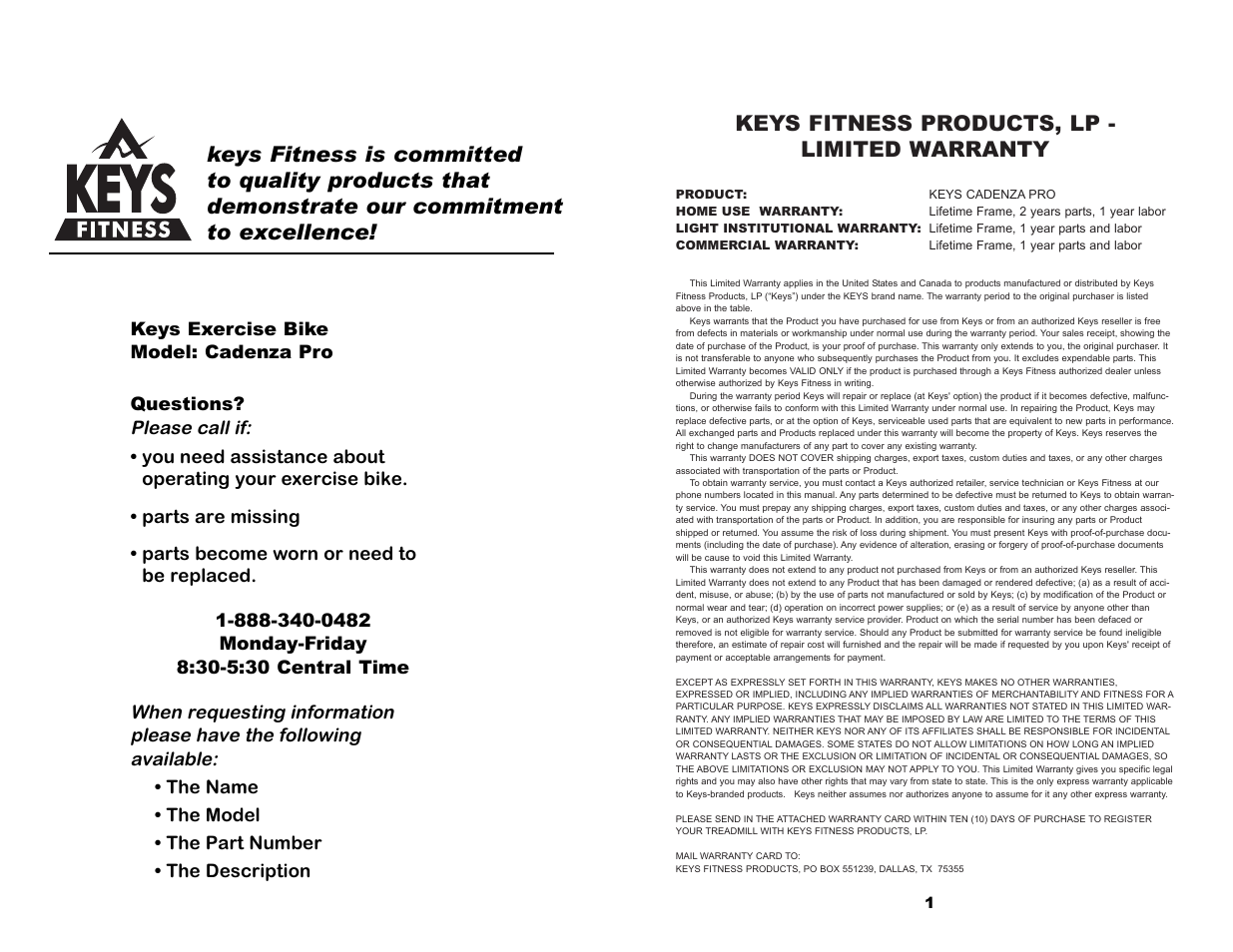Keys fitness products, lp - limited warranty | Keys Fitness CADENZA PRO User Manual | Page 2 / 6