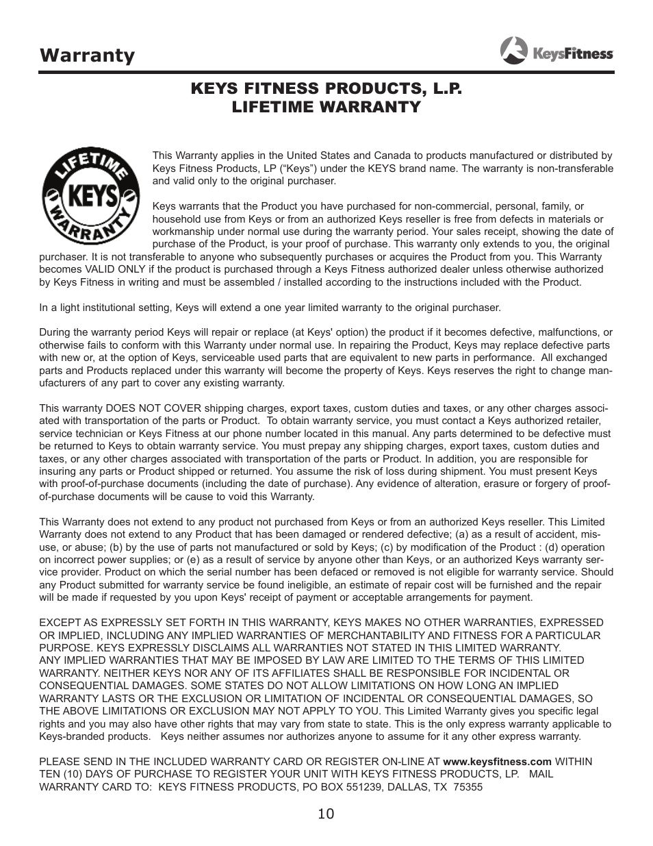 Warranty, Keys fitness products, l.p. lifetime warranty | Keys Fitness KF-AAB User Manual | Page 10 / 11