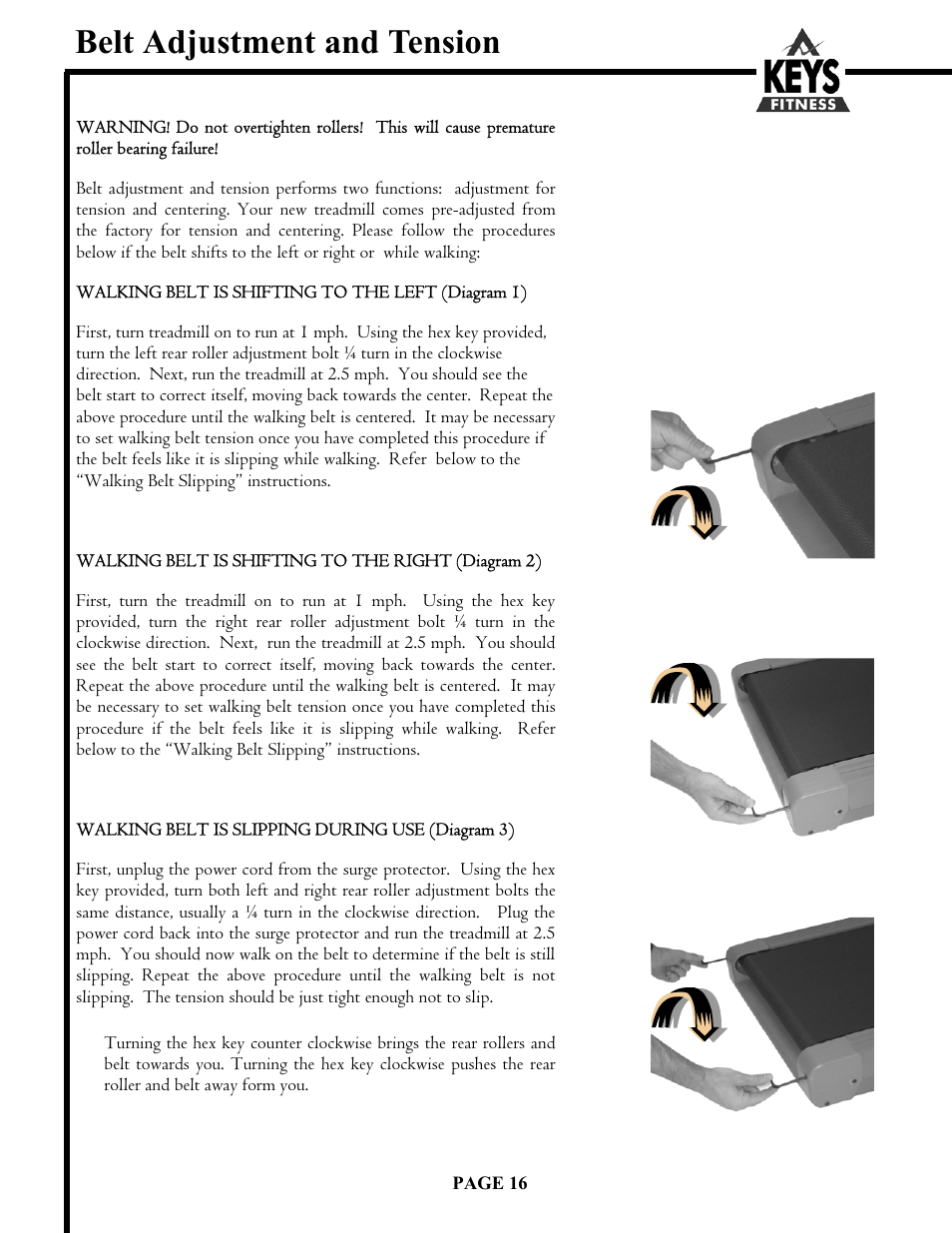 Belt adjustment and tension | Keys Fitness Milestone 4400HR User Manual | Page 16 / 22