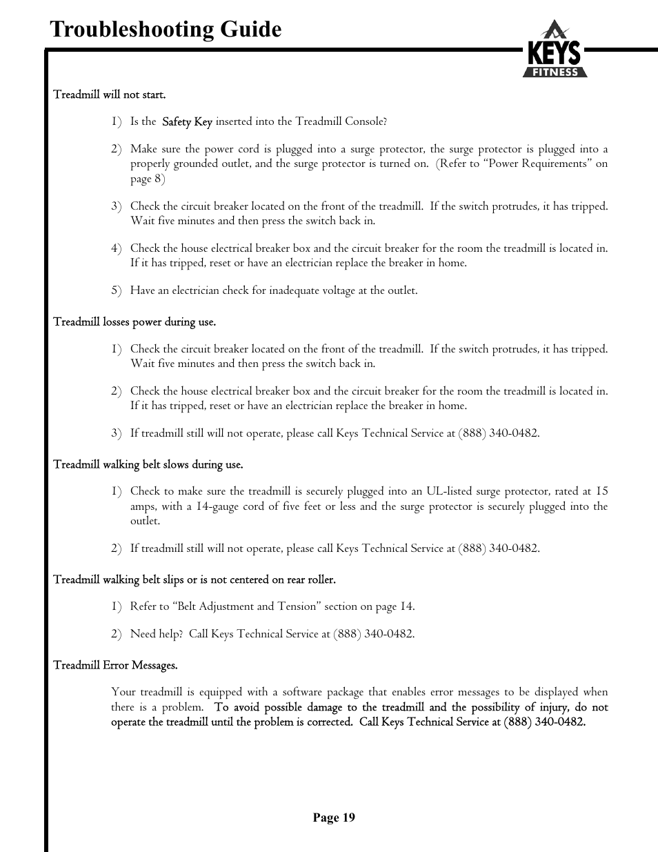 Troubleshooting guide | Keys Fitness Milestone 4400HR User Manual | Page 19 / 22