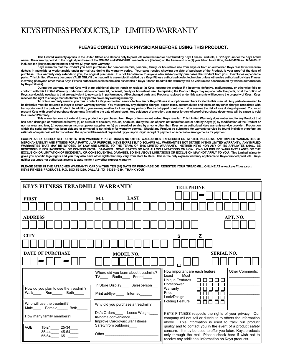 Keys fitness products, lp – limited warranty, Keys fitness treadmill warranty | Keys Fitness Milestone 4400HR User Manual | Page 22 / 22