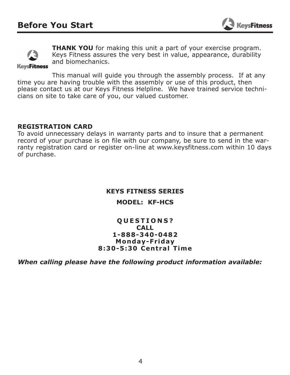 Before you start | Keys Fitness KF-HCS User Manual | Page 4 / 11