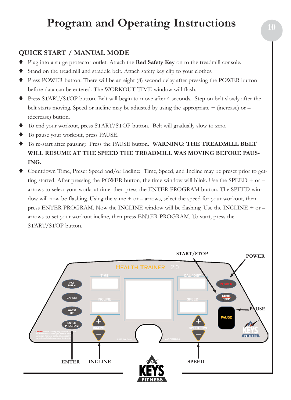 Program and operating instructions | Keys Fitness HT2-0 User Manual | Page 10 / 20