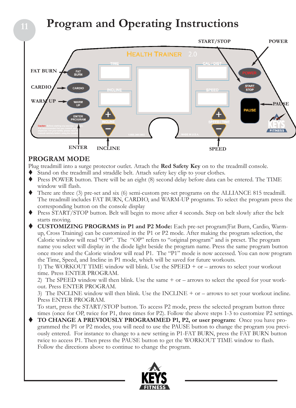 Program and operating instructions, Program mode | Keys Fitness HT2-0 User Manual | Page 11 / 20