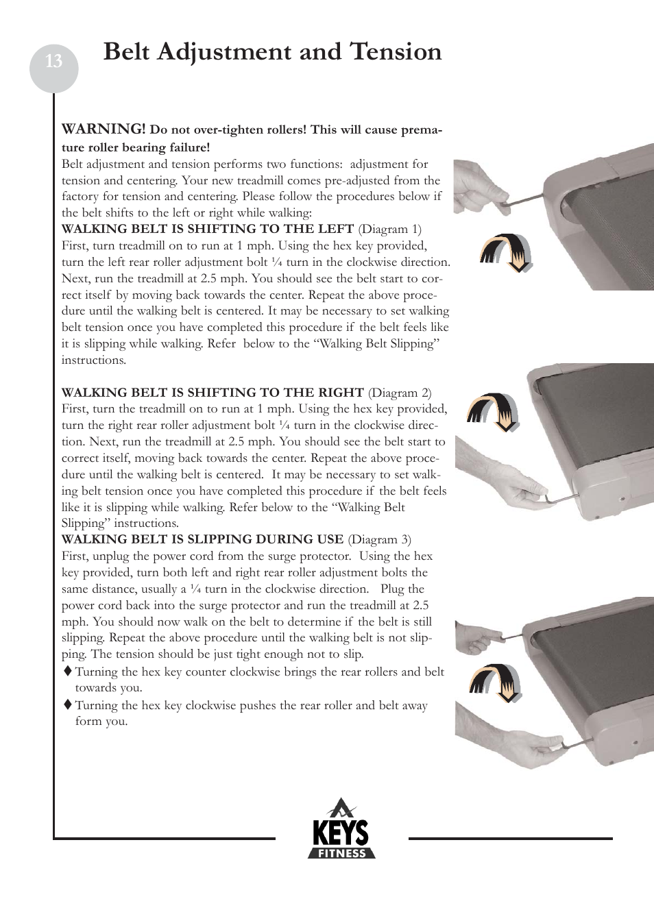 Belt adjustment and tension | Keys Fitness HT2-0 User Manual | Page 13 / 20