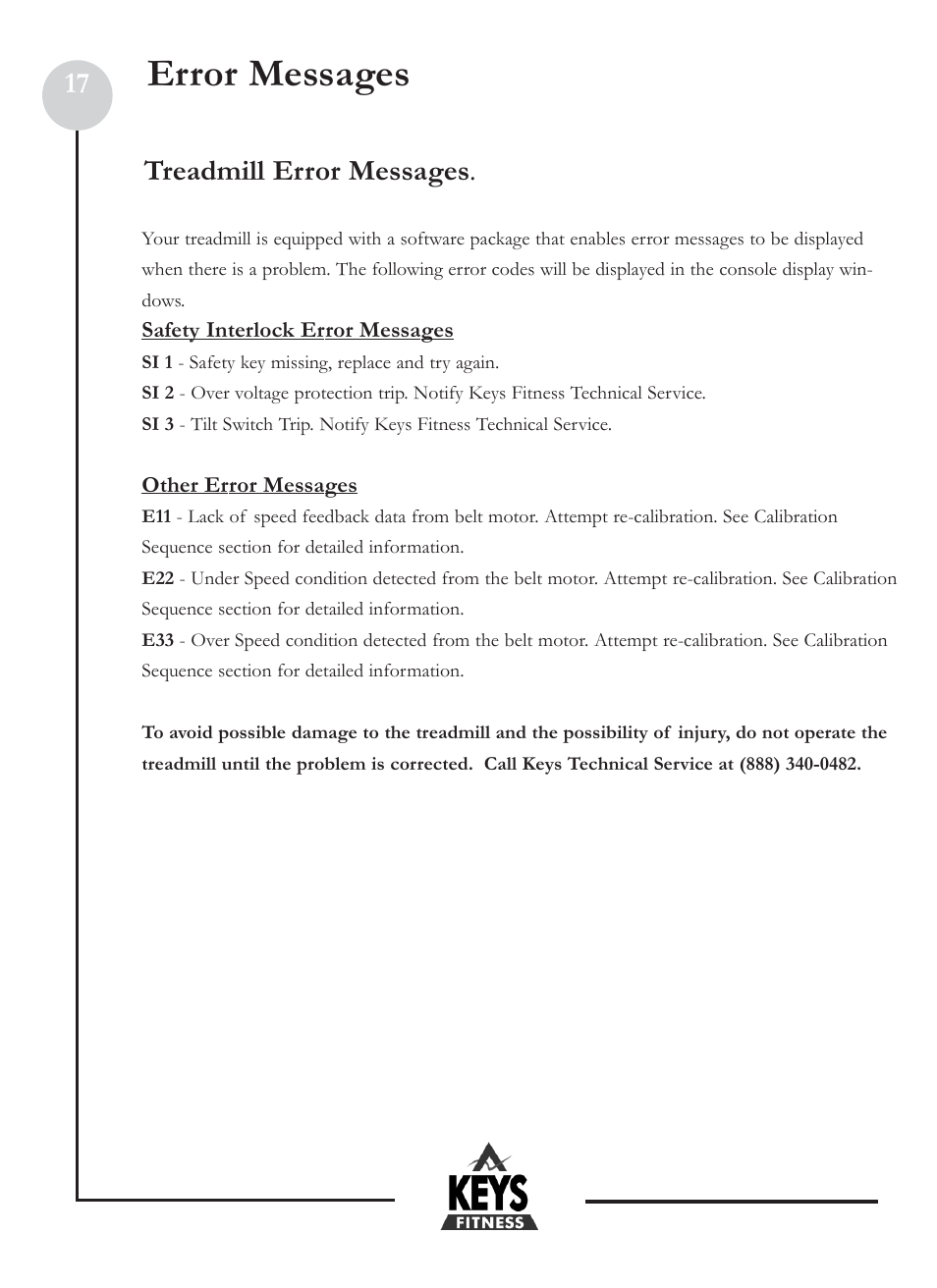 Error messages, 17 treadmill error messages | Keys Fitness HT2-0 User Manual | Page 17 / 20