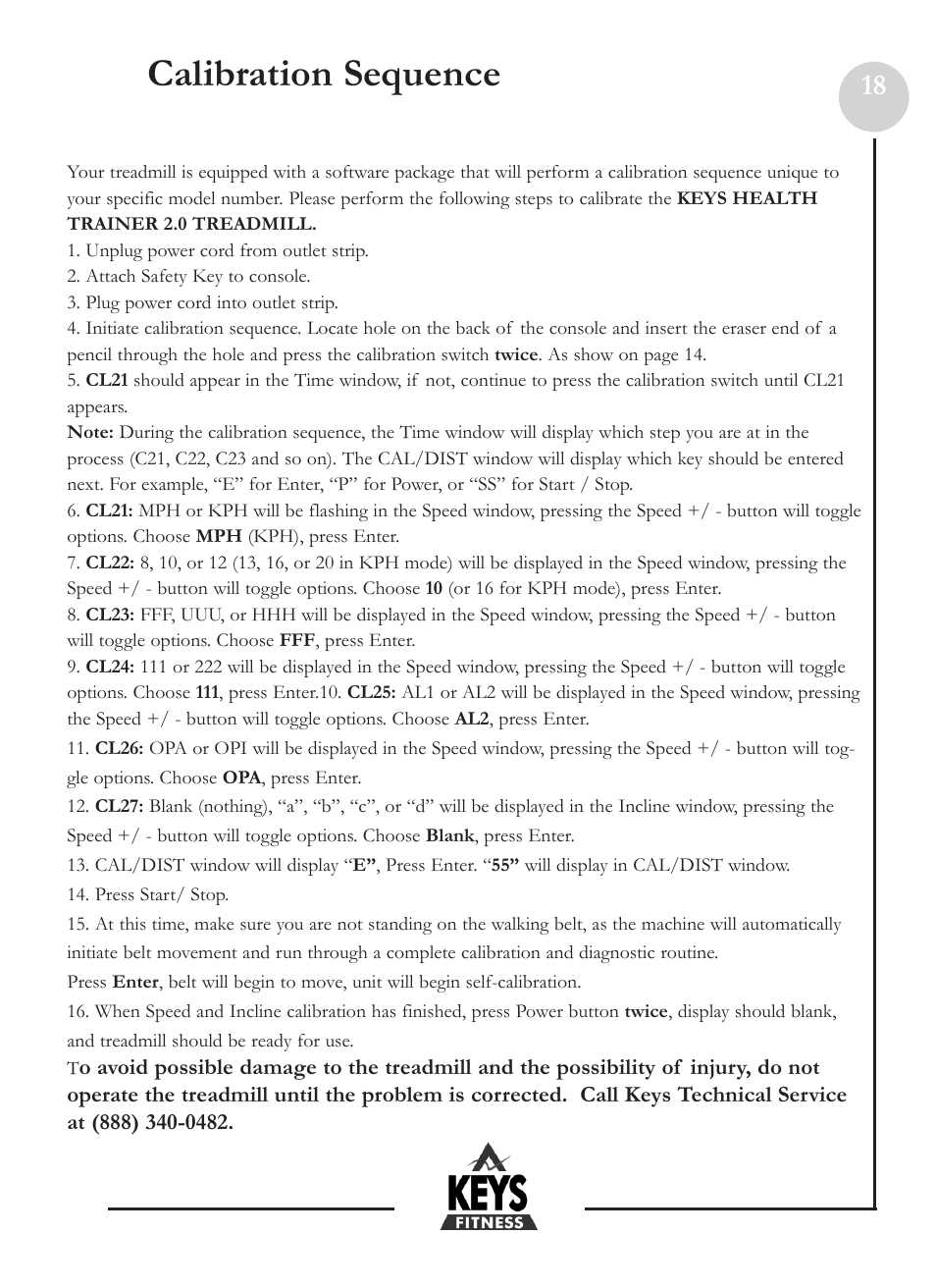 Calibration sequence | Keys Fitness HT2-0 User Manual | Page 18 / 20