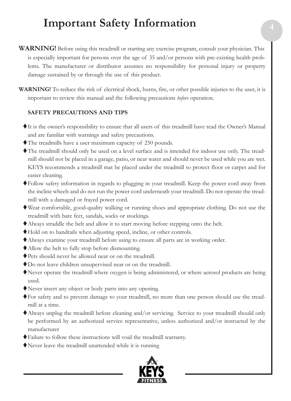 Important safety information | Keys Fitness HT2-0 User Manual | Page 4 / 20