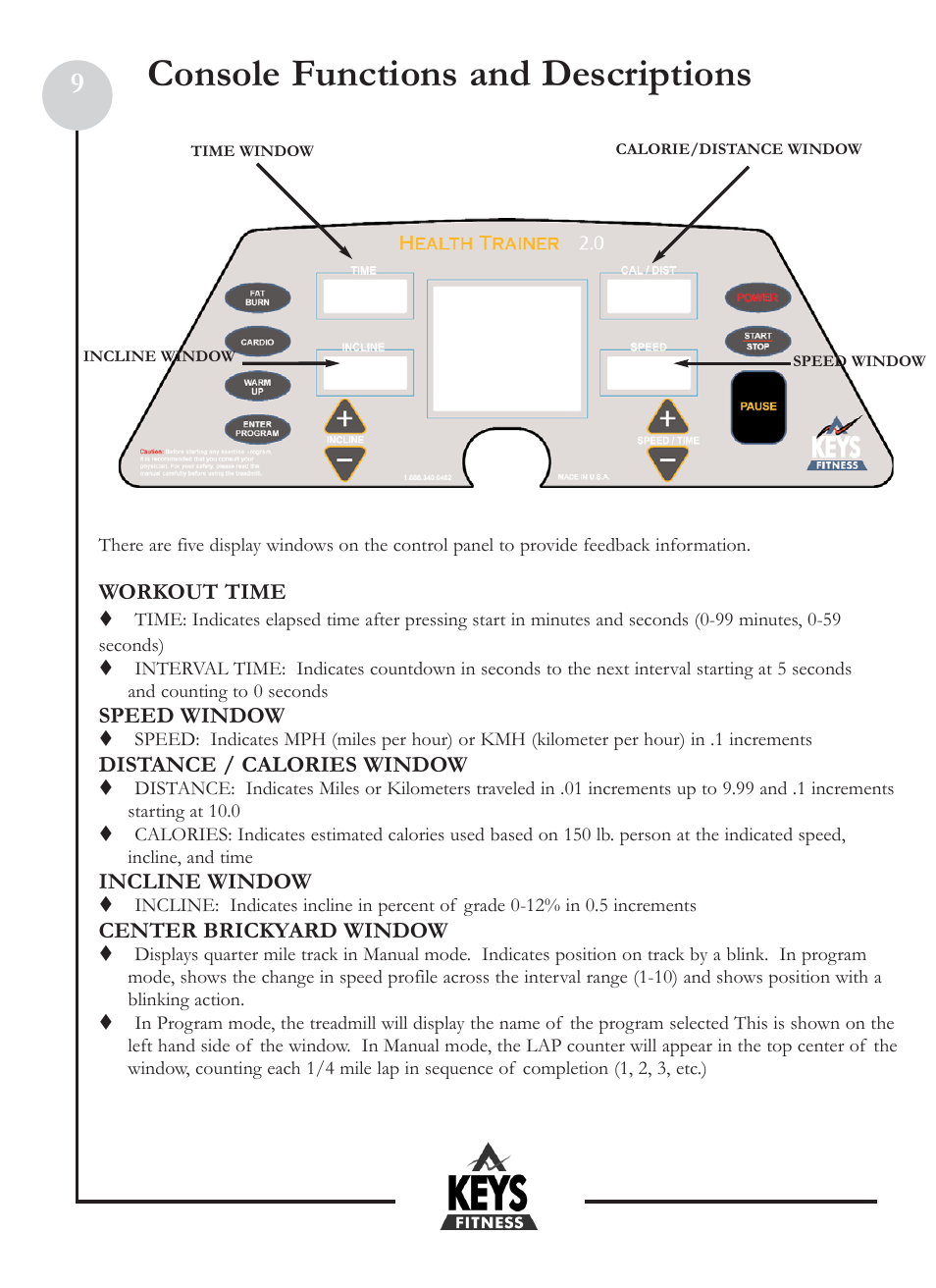 Console functions and descriptions | Keys Fitness HT2-0 User Manual | Page 9 / 20