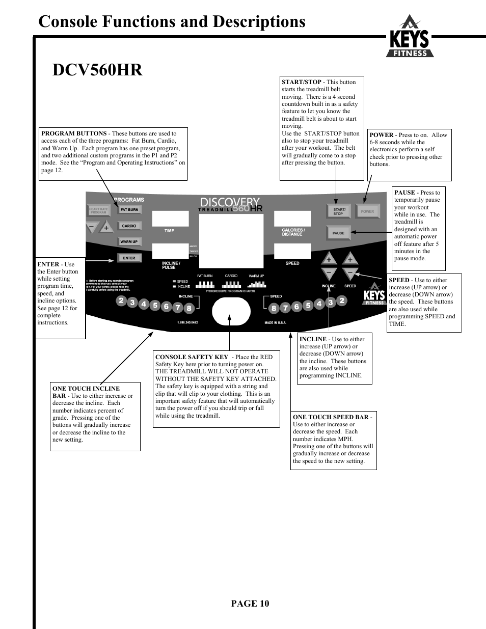Console functions and descriptions, Dcv560hr | Keys Fitness DCV560HR User Manual | Page 10 / 22