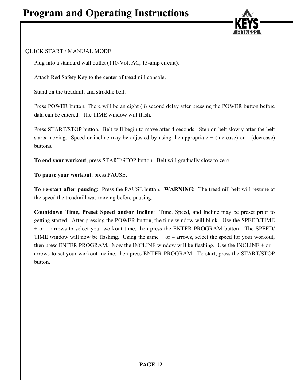 Program and operating instructions | Keys Fitness DCV560HR User Manual | Page 12 / 22