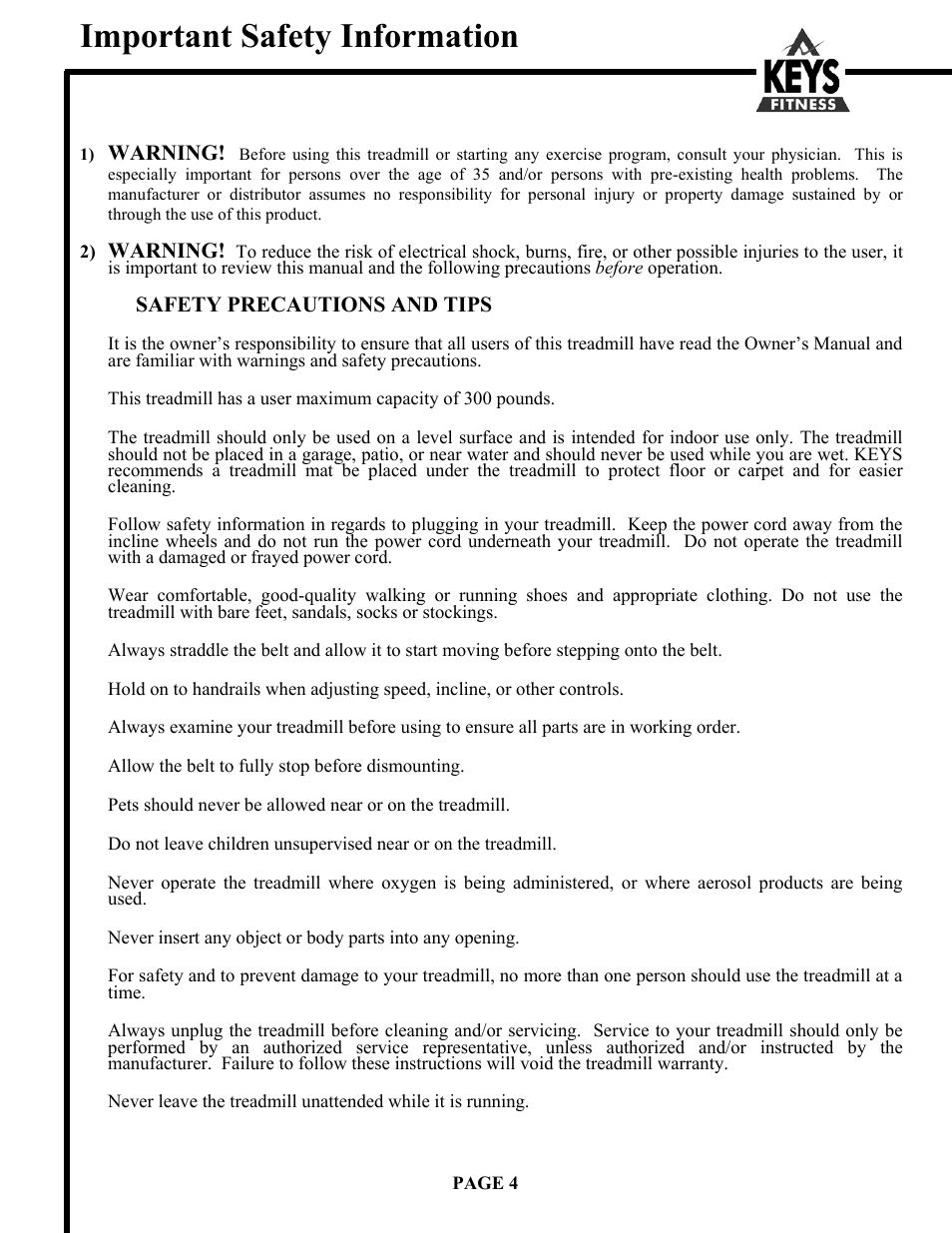 Important safety information | Keys Fitness DCV560HR User Manual | Page 4 / 22