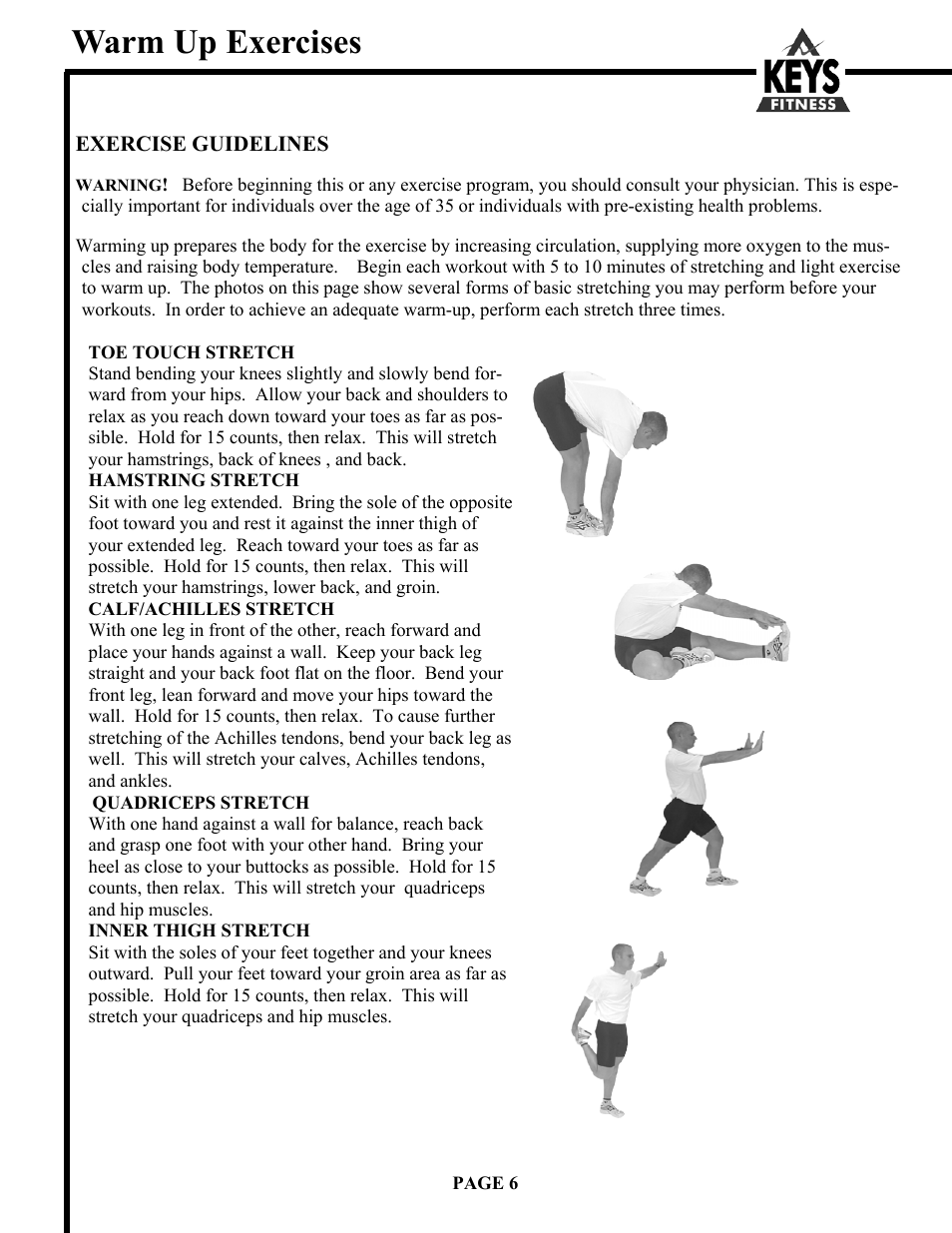 Warm up exercises | Keys Fitness DCV560HR User Manual | Page 6 / 22