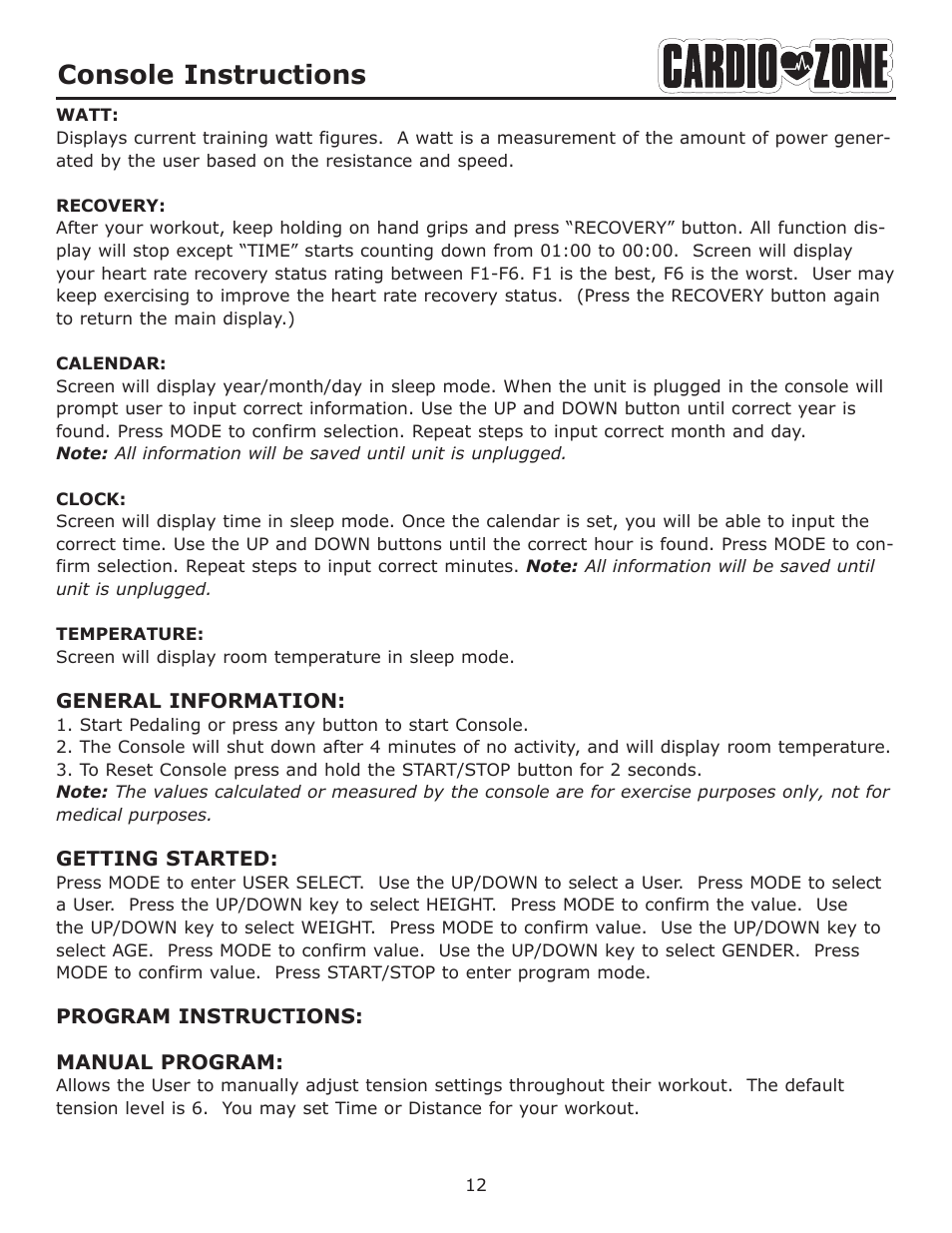 Console instructions | Keys Fitness CARDIOZONE E-CZ100 User Manual | Page 12 / 24