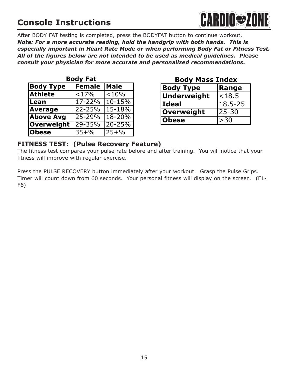 Console instructions | Keys Fitness CARDIOZONE E-CZ100 User Manual | Page 15 / 24