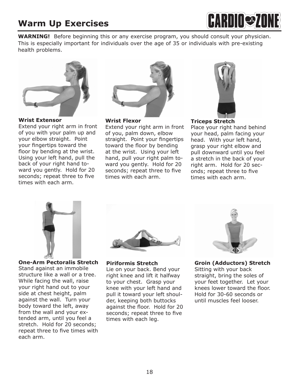 Warm up exercises | Keys Fitness CARDIOZONE E-CZ100 User Manual | Page 18 / 24