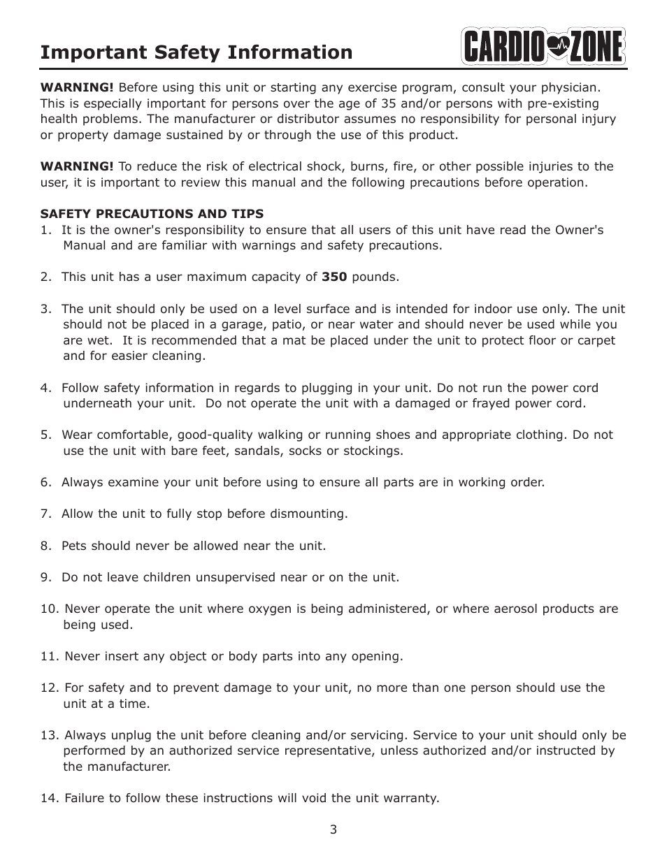 Important safety information | Keys Fitness CARDIOZONE E-CZ100 User Manual | Page 3 / 24
