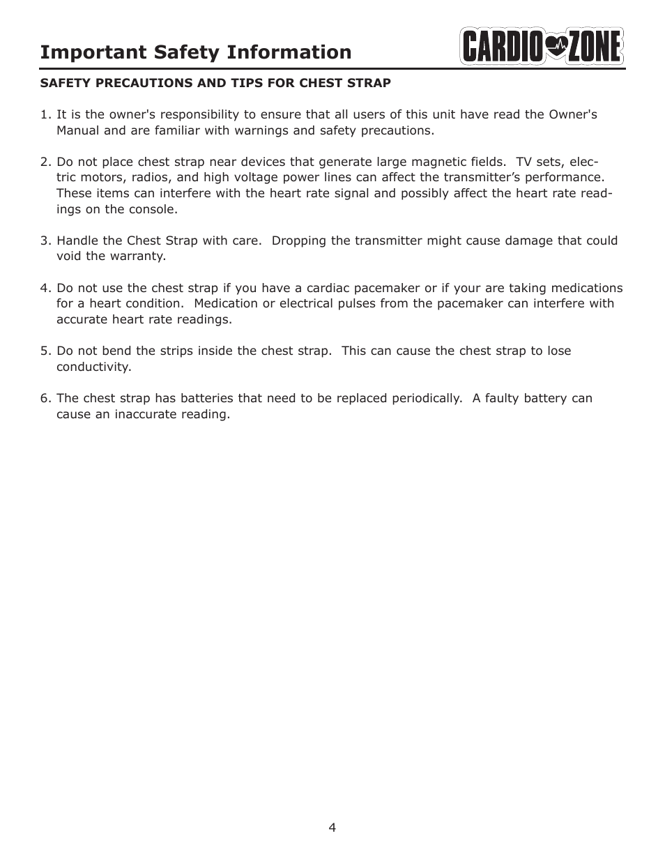 Important safety information | Keys Fitness CARDIOZONE E-CZ100 User Manual | Page 4 / 24