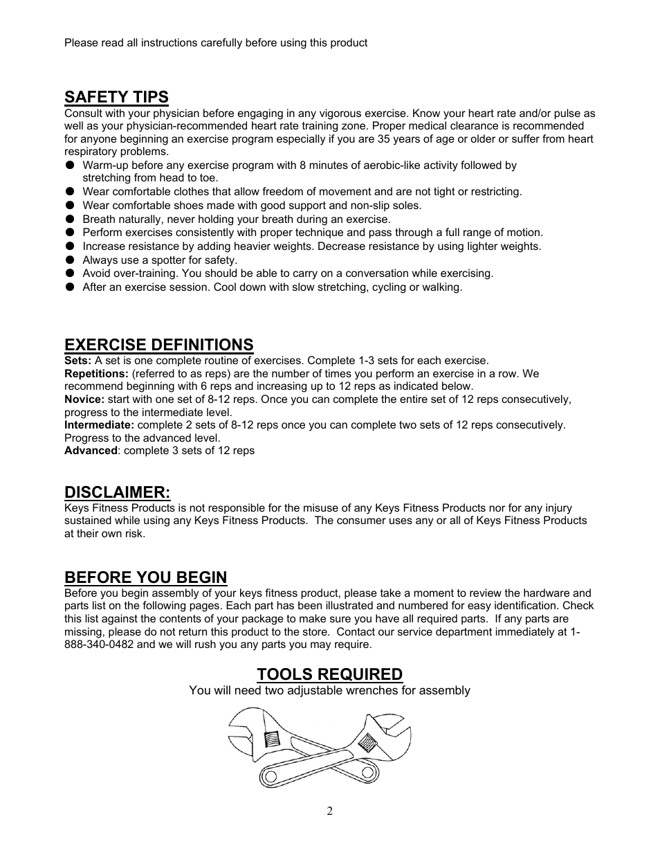 Safety tips, Exercise definitions, Disclaimer | Before you begin, Tools required | Keys Fitness 4'DUMBBELL RACK ST-DB4 User Manual | Page 2 / 4