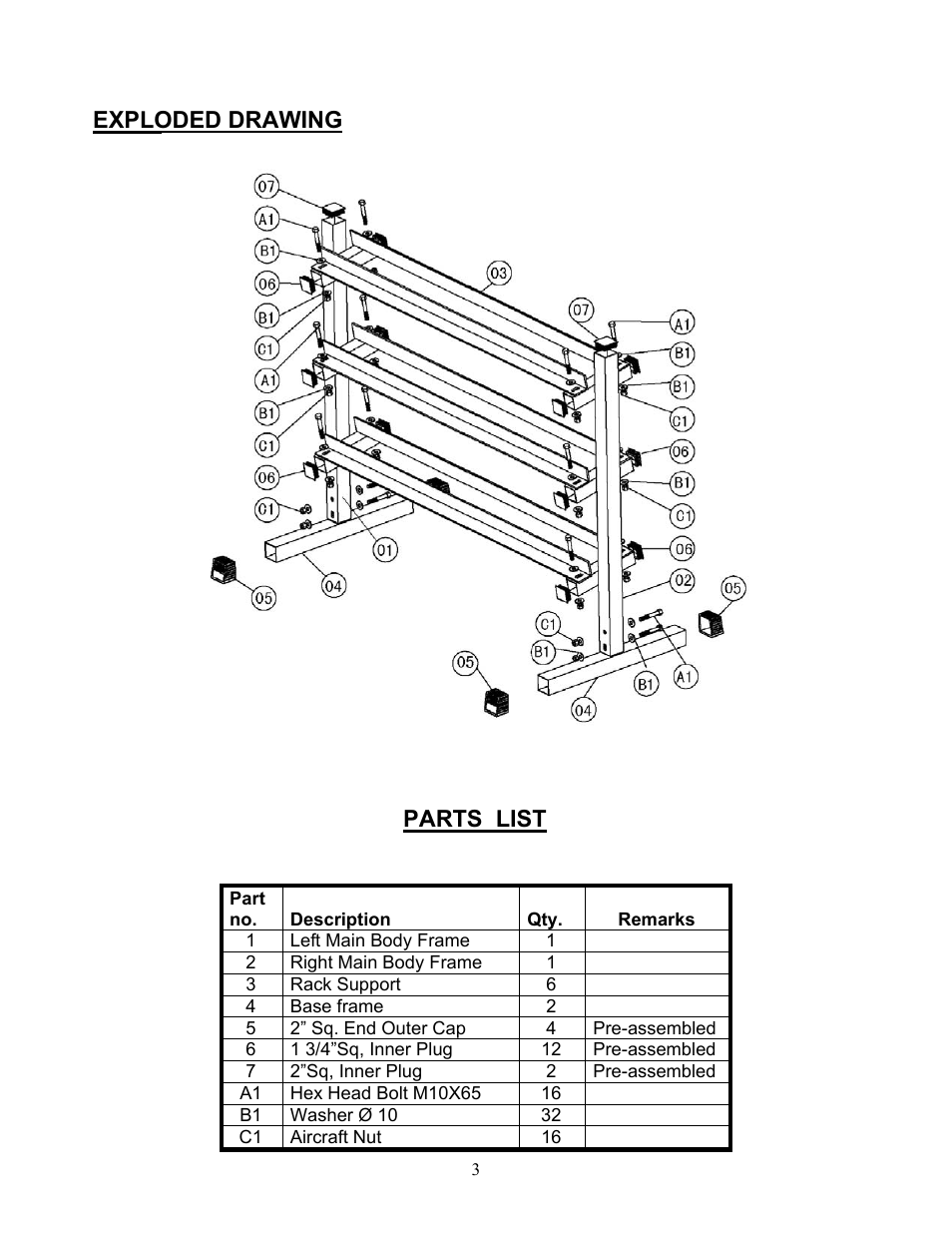 Exploded drawing, Parts list | Keys Fitness 4'DUMBBELL RACK ST-DB4 User Manual | Page 3 / 4
